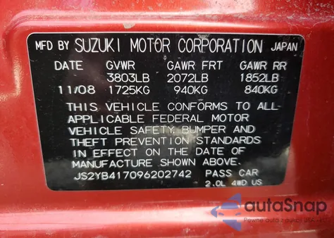 2009 Suzuki Sx4 Touring z USA, uszkodzony, nr VIN JS2YB417096202742